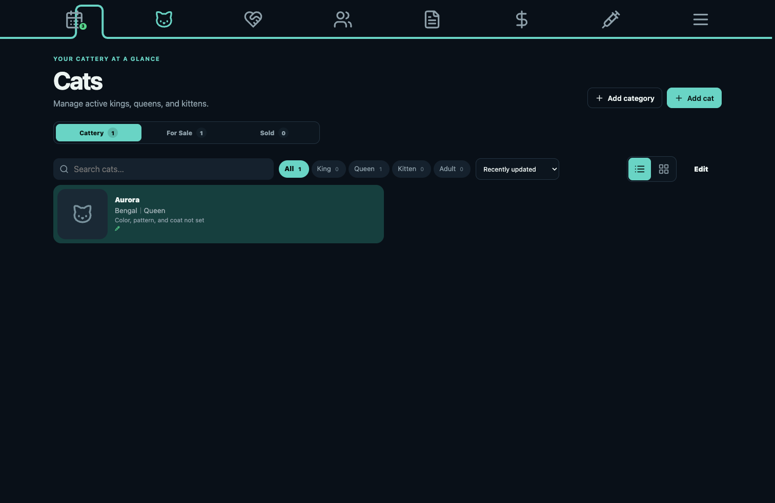 Cattery Hub dashboard showing cat profiles and cattery records